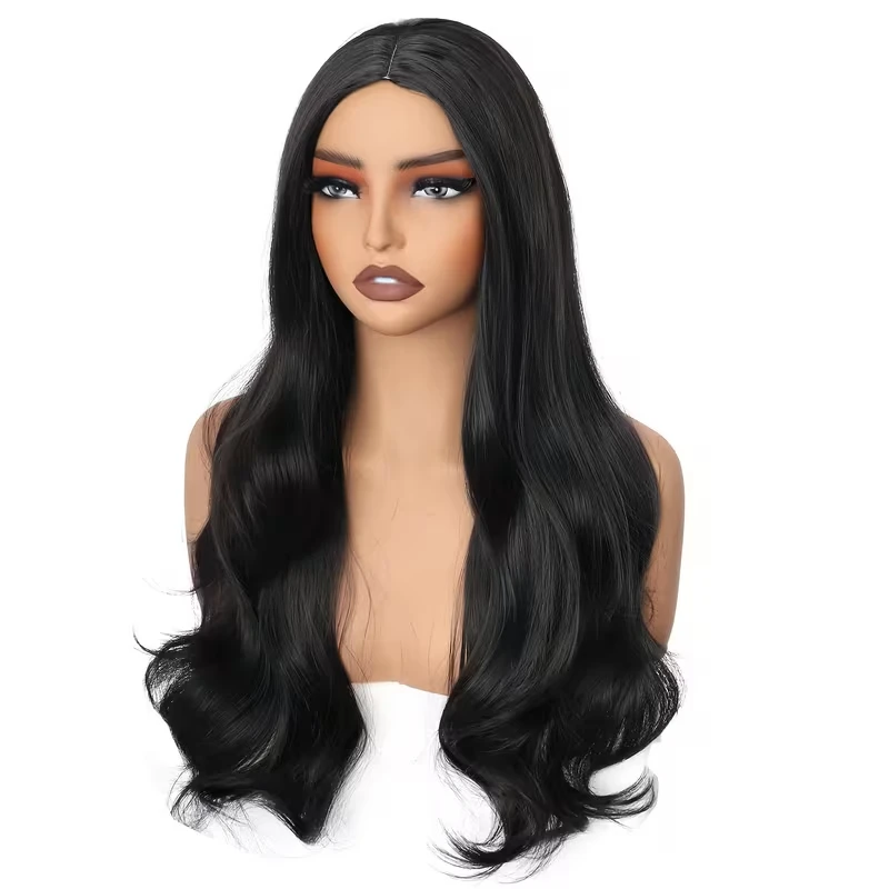 Black Synthetic Wig with Big Waves for Everyday Wear